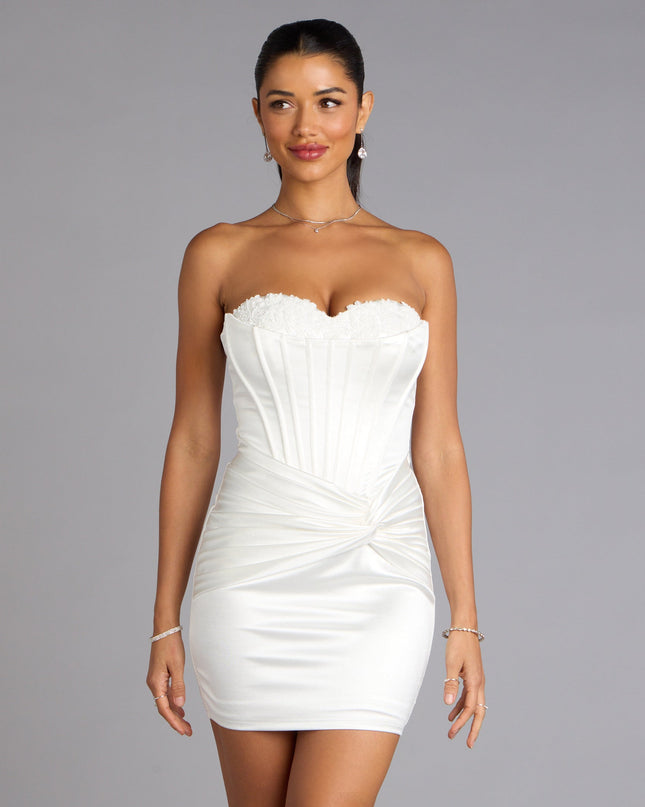 Own Prom 2026 in the Alexia Satin Lace Bustier Mini Dress,  a prom dress designed with a flattering silhouette and elevated details that feel modern and true to your style.