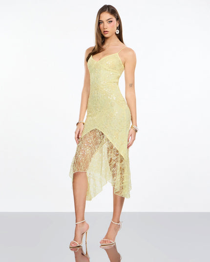 Roxie Beaded Lace Asymmetrical Midi Dress