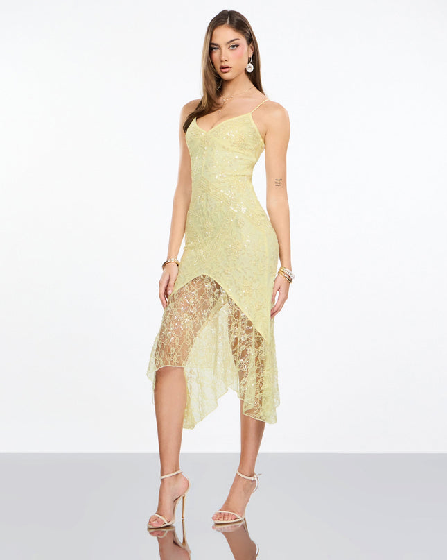 Roxie Beaded Lace Asymmetrical Midi Dress