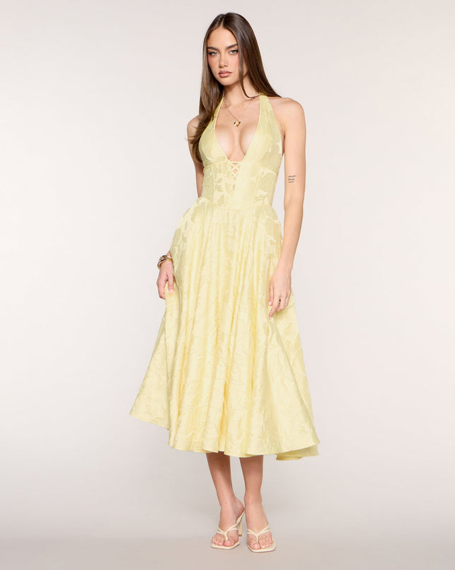 Greta Floral Jacquard Lace-Up Midi Dress