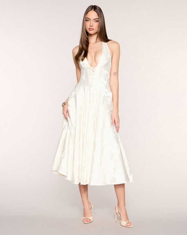 Greta Floral Jacquard Lace-Up Midi Dress