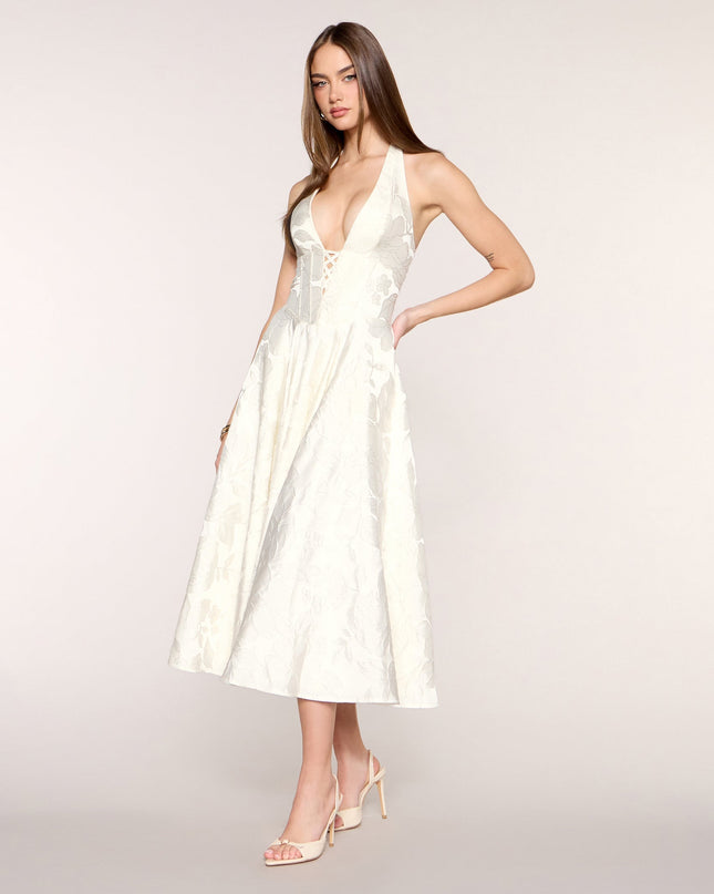Greta Floral Jacquard Lace-Up Midi Dress