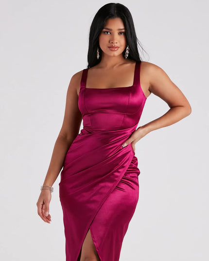Style your seasonal looks with the Samantha Formal Satin Midi Dress, a trend-right, magenta Windsor dress designed for any plan on your calendar with new and unqiue details.