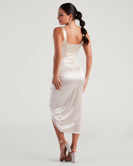 Feel instantly put-together in the Samantha Formal Satin Midi Dress in ivory, a stylish wedding guest dress designed for confident style and all-out celebration.