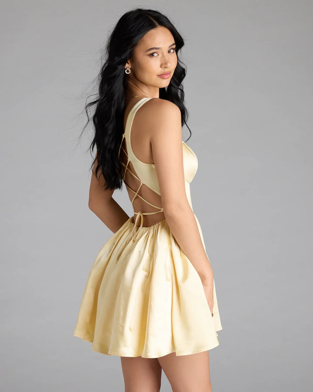 Kimmie Lace-Up Corset Satin Skater Dress