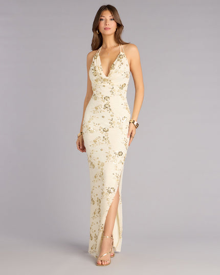 Maren Floral Sequin Mesh Halter Formal Dress