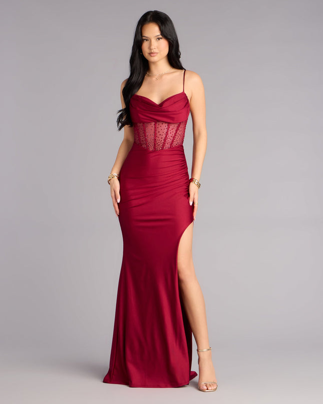 Shimmer through every feed refresh in the Sadie Rhinestone Corset Open Back Mermaid Formal Dress, a viral-worthy look from Windsor's red prom dresses that nails bold, confident energy.