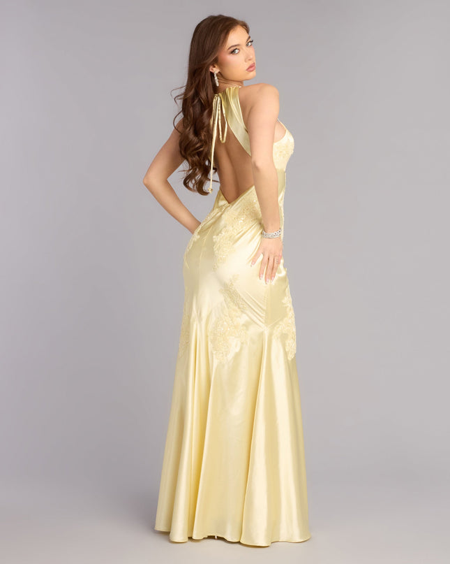 Discover a formal dress like the Rachel Satin Open Back Formal Dress in yellow featuring a flattering fit, smooth fabric, and refined design for any formal occasion.
