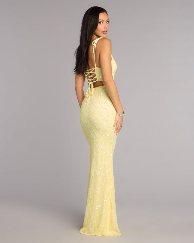 Tessa Bow Beaded Lace-Up Formal Dress