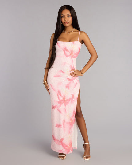 Marcy Beaded Floral Print Column Formal Dress