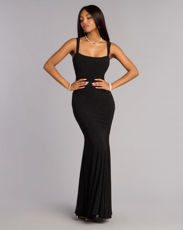 Shop a formal dress like the Sheila Glitter Lace-Up Formal Dress in black, designed with a sleek silhouette, luxe fabric, and elegant detail for special events.