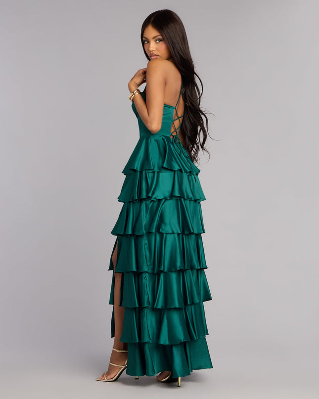 Rose Satin Ruffle A-Line Formal Dress
