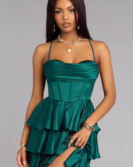 Rose Satin Ruffle A-Line Formal Dress