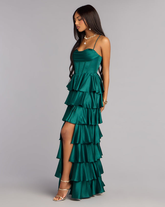 Rose Satin Ruffle A-Line Formal Dress