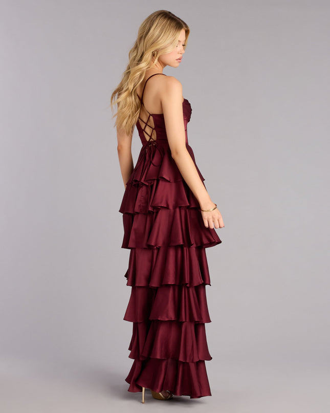 Rose Satin Ruffle A-Line Formal Dress