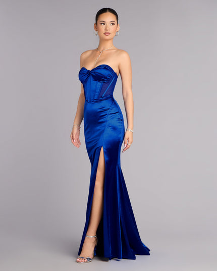 Discover a formal dress like the Serenity Satin Slit Lace-Up Formal Dress in royal blue featuring a flattering fit, smooth fabric, and refined design for any formal occasion.