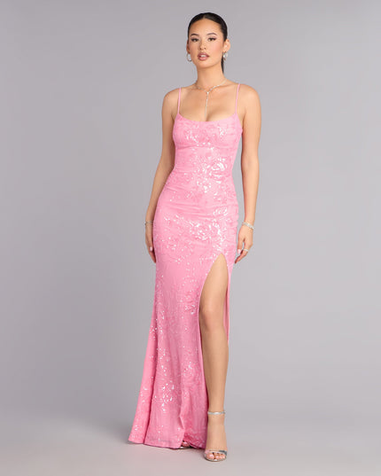 Lilyanna Floral Sequin Slit Formal Dress