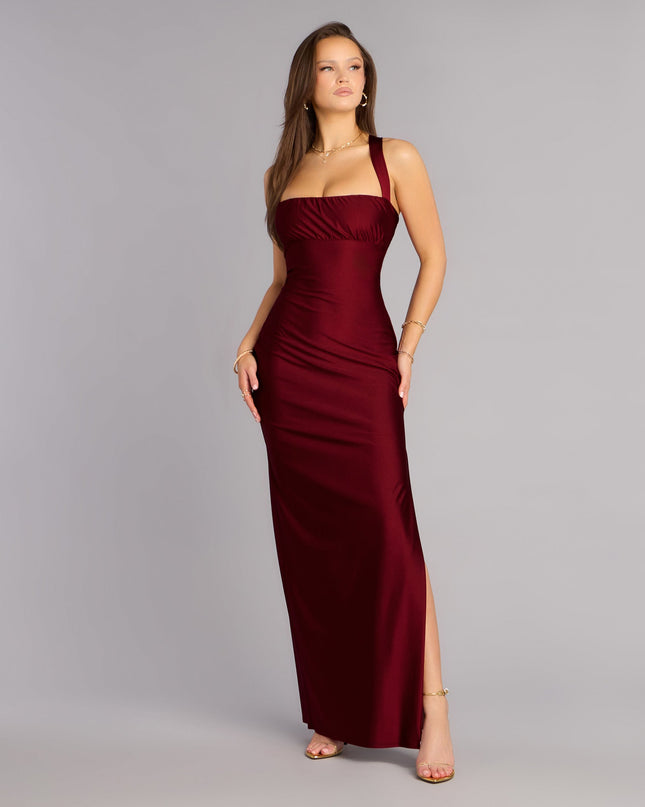 Discover a formal dress like the Rey Lace-Up Column Formal Dress in wine featuring a flattering fit, smooth fabric, and refined design for any formal occasion.