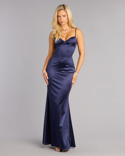 Shop a formal dress like the Aven Satin Lace-Up Mermaid Formal Dress in navy blue, designed with a sleek silhouette, luxe fabric, and elegant detail for special events.