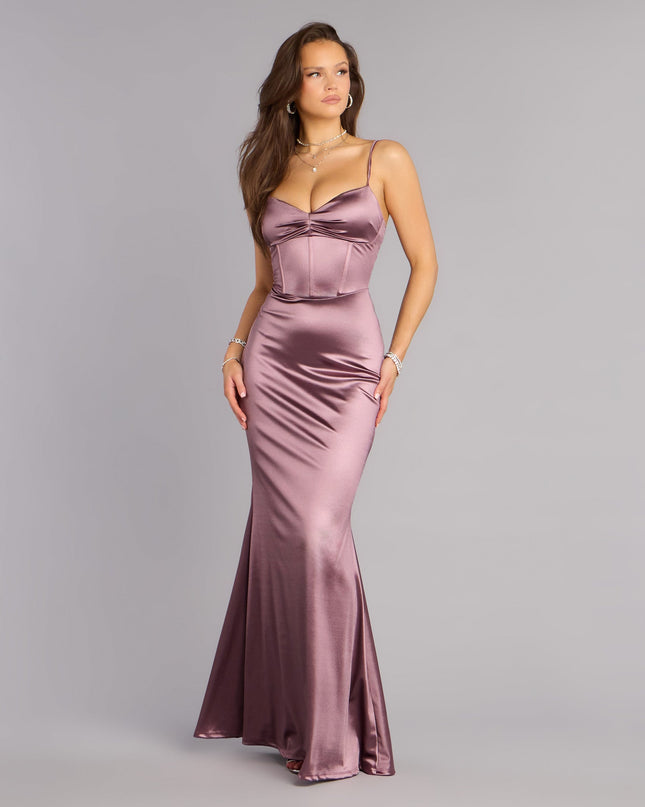 Shop a formal dress like the Aven Satin Lace-Up Mermaid Formal Dress in lavender, designed with a sleek silhouette, luxe fabric, and elegant detail for special events.