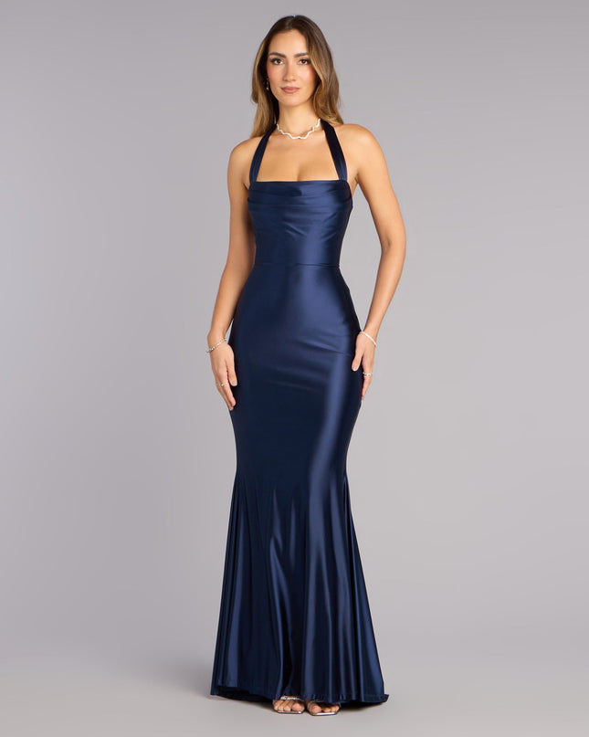 Discover a formal dress like the Jemma Halter Lace-Up Mermaid Dress in navy blue featuring a flattering fit, smooth fabric, and refined design for any formal occasion.
