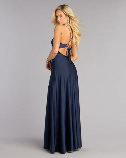 Discover a formal dress like the Mindy Satin A-Line Slit Formal Dress in navy blue featuring a flattering fit, smooth fabric, and refined design for any formal occasion.
