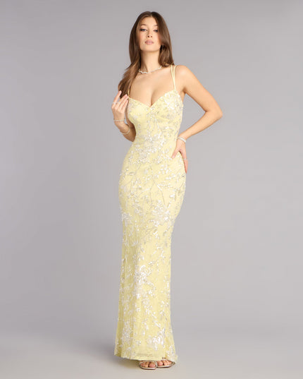 Discover a formal dress like the Irie Sequin Lace Mermaid Formal Dress in yellow featuring a flattering fit, smooth fabric, and refined design for any formal occasion.
