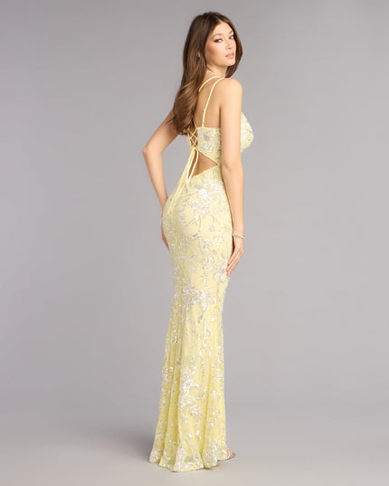 Shop a formal dress like the Irie Sequin Lace Mermaid Formal Dress in yellow, designed with a sleek silhouette, luxe fabric, and elegant detail for special events.