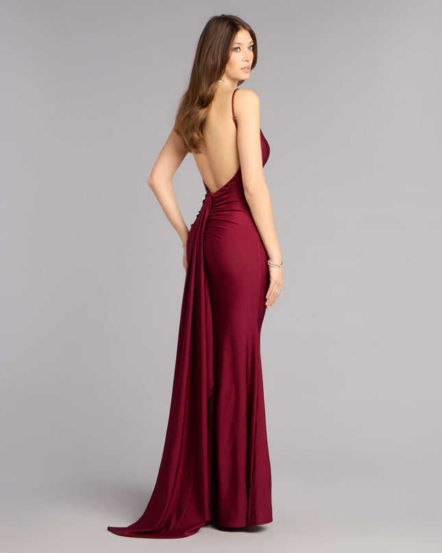 Shop a formal dress like the Haley Open Back Sash Mermaid Formal Dress in wine, designed with a sleek silhouette, luxe fabric, and elegant detail for special events.