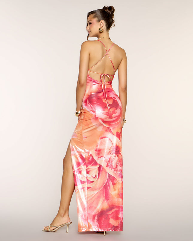 Sofie Metallic Floral High-Slit Formal Dress