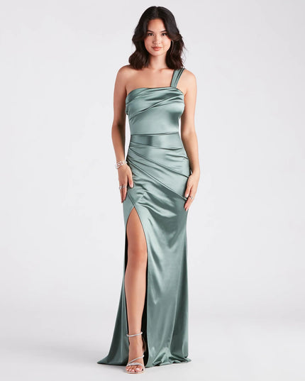 Feel polished and confident in the Kathie Formal Satin One-Shoulder Dress, a olive green prom dress designed with luxe fabric and modern detail that shows off your vibe.