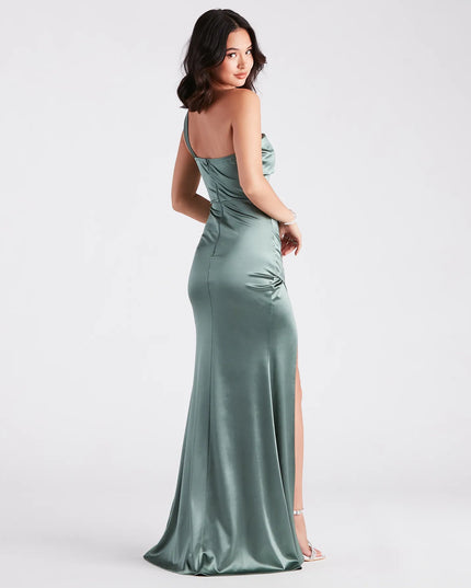 The elegant Kathie Formal Satin One-Shoulder Dress is a olive green satin bridesmaid dress crafted with luxe fabric, ideal for modern weddings and traditional bridal parties.