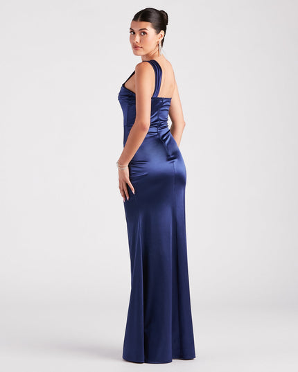 The elegant Kathie Formal Satin One-Shoulder Dress is a satin bridesmaid dress crafted with luxe fabric, ideal for modern weddings and traditional bridal parties.