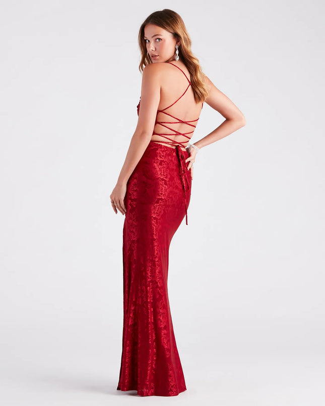 Kehlani Formal Floral Lace Slit Mermaid Dress in red, a stunning maid-of-honor dress with a flattering fit and romantic details, perfect for spring wedding themes.