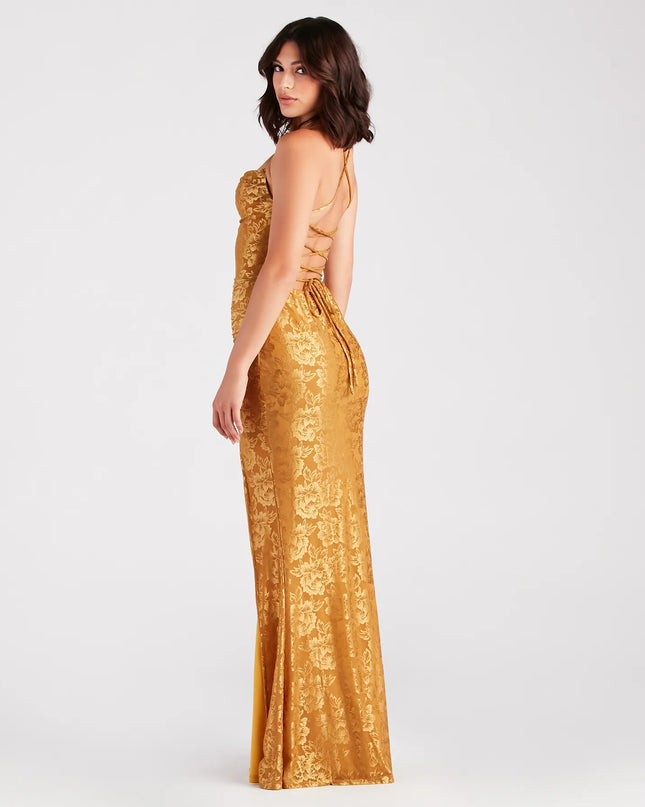Kehlani Formal Floral Lace Slit Mermaid Dress in mustard yellow, a stunning maid-of-honor dress with a flattering fit and romantic details, perfect for spring wedding themes.