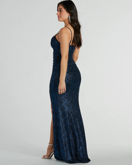 Step into Prom 2026 in a navy blue prom dress, where unique Windsor accents and the standout Ashelyn Cowl Neck Glitter Mermaid Formal Dress style come together.