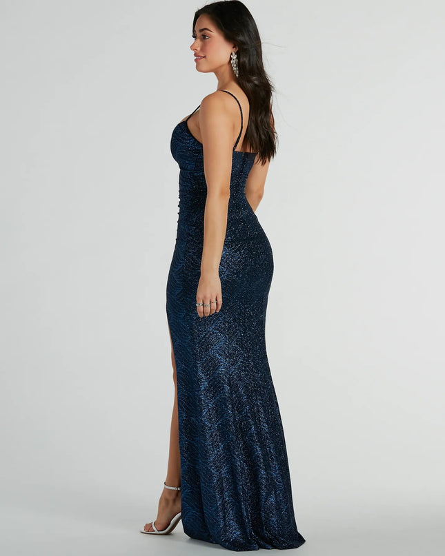 Step into Prom 2026 in a navy blue prom dress, where unique Windsor accents and the standout Ashelyn Cowl Neck Glitter Mermaid Formal Dress style come together.