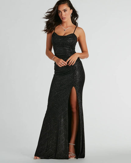 Shimmer through every feed refresh in the Ashelyn Cowl Neck Glitter Mermaid Formal Dress, a viral-worthy look from Windsor's black prom dresses that nails bold, confident energy.