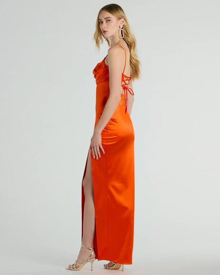 The elegant Laverne Formal Satin Lace-Up Slim Long Dress is a orange satin bridesmaid dress crafted with luxe fabric, ideal for modern weddings and traditional bridal parties.