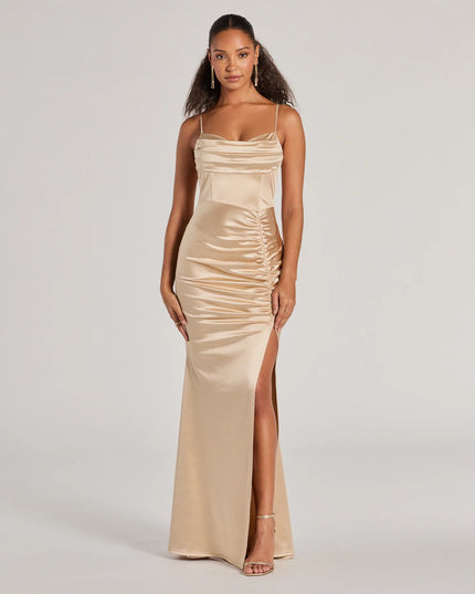 Feel polished and confident in the Jazmine Cowl Neck Slit A-Line Satin Formal Dress, a taupe prom dress designed with luxe fabric and modern detail that shows off your vibe.