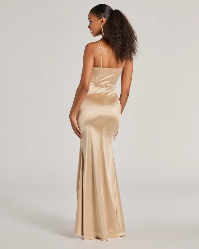 Feel instantly put-together in the Jazmine Cowl Neck Slit A-Line Satin Formal Dress in taupe, a stylish wedding guest dress designed for confident style and all-out celebration.