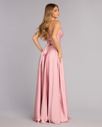 Abbey Lace-Up Slit A-Line Satin Formal Dress