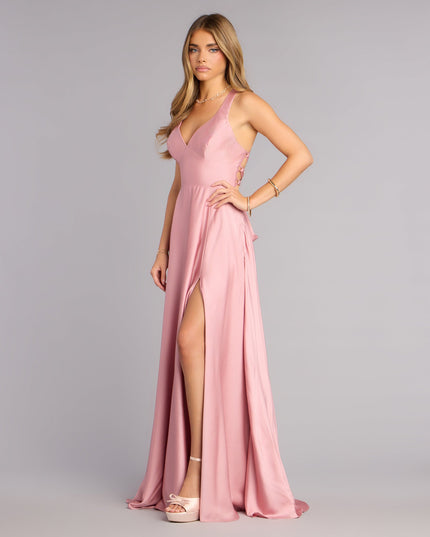 Abbey Lace-Up Slit A-Line Satin Formal Dress