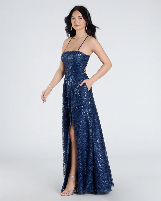 Drea Glitter Sequin Lace-Up A-line Formal Dress