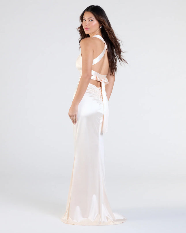 The Jamie Lace-Up Satin Formal Dress in luxe ivory fabric, a stunning prom dress with statement details designed to make a bold impression at Prom 2026.