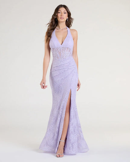 Feel polished and confident in the Cadie Halter Corset Slit Lace Formal Dress, a lavender prom dress designed with luxe fabric and modern detail that shows off your vibe.