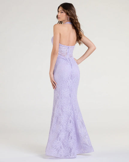 The Cadie Halter Corset Slit Lace Formal Dress is a lavender prom dress that blends trend-forward design with a flattering fit, perfect for celebrating your night with confidence.