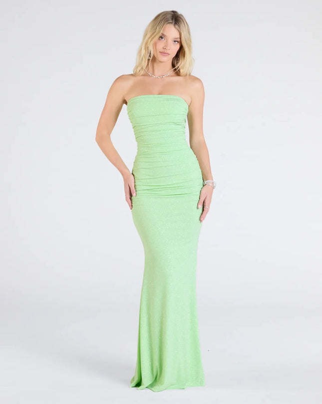 Shimmer through every feed refresh in the Mischka Strapless Mermaid Glitter Formal Dress, a viral-worthy look from Windsor's lime green prom dresses that nails bold, confident energy.