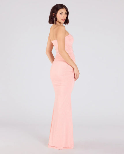 Make a bold statement in the Mischka Strapless Mermaid Glitter Formal Dress in coral, the perfect Windsor dress for weddings, cocktail hours, nights out, and/or seasonal celebrations.