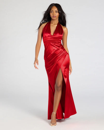 Joanne Halter Slit Mermaid Satin Formal Dress